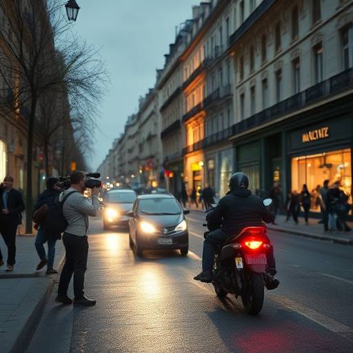 Photo de tournage en coulisses de 'Paris la Nuit', montrant une scène de poursuite dans une rue parisienne éclairée par des lampadaires