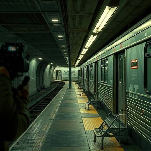 Photo de tournage en coulisses du 'Le Dernier Métro', montrant l'équipe utilisant un chariot de travelling dans une station de métro désaffectée
