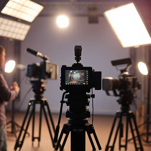 Un plateau de tournage avec des projecteurs et du matériel audiovisuel